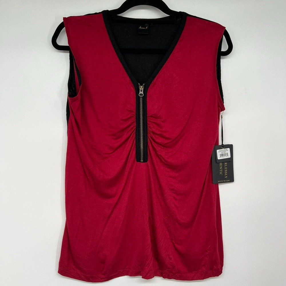 NWT Mona Blouse S Red Black Quarter Zip Ruched Chest V Neck Sleeveless Top